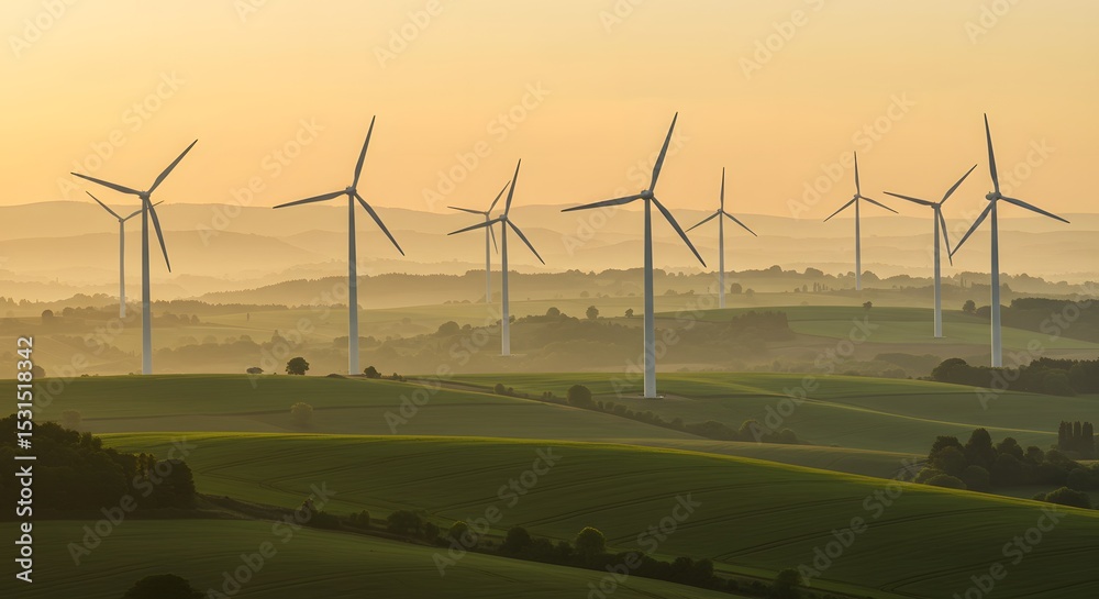 Fototapeta premium Turbines on horizon with rolling green hills. Telephoto 200 mm.