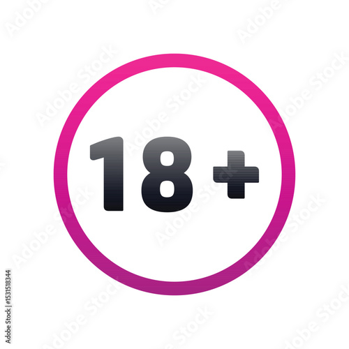 18 plus only - pink icon. Age limit under 18 years old is forbidden circle sign symbol vector illustration. Under 18 sign in on white background. Over 18 only censored. Eighteen age older forbidden.