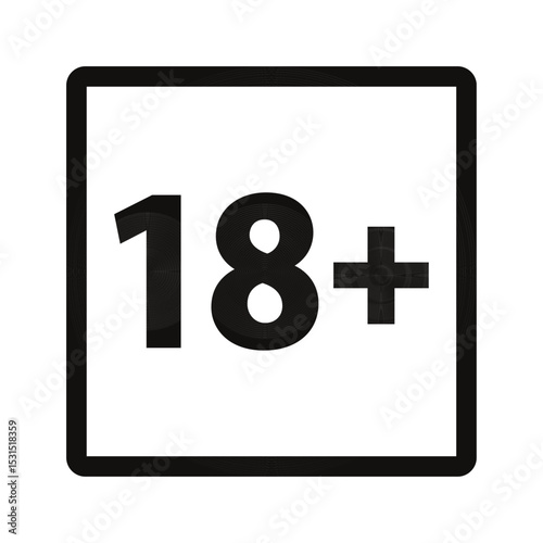 18 plus only - black icon. Age limit under 18 years old is forbidden square sign symbol vector illustration. Under 18 sign in on white background. Over 18 only censored. Eighteen age older forbidden 