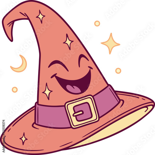 happy halloween witch hat with stars and moon face