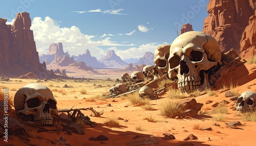 Desert landscape strewn with skulls