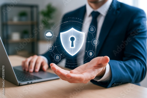 Businessman Presenting Holographic Security Shield with Cloud, Mobile, Banking, and Internet Icons