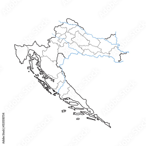 Croatia map with regions and waterway, rivers