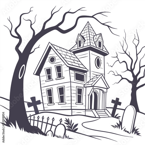 haunted house with graveyard and dead trees view