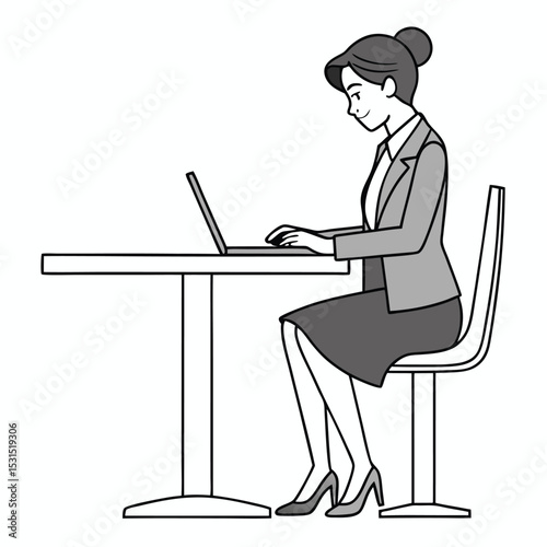 Asian businesswoman in a blazer is smiling and typing on her laptop at the table