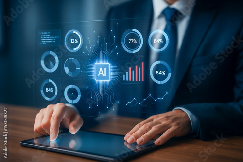 Businessman Interacting with AI-Powered Data Analytics Dashboard on Tablet