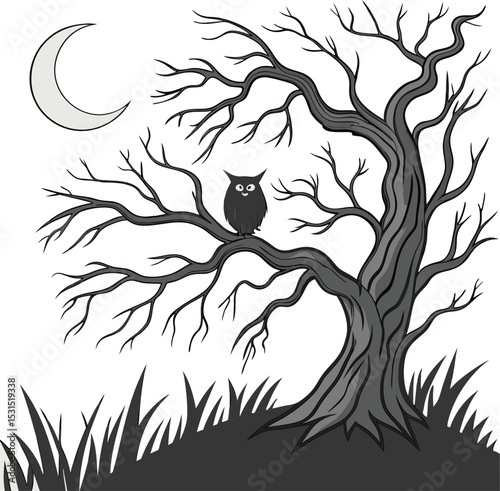 owl on tree branch under moon night silhouette