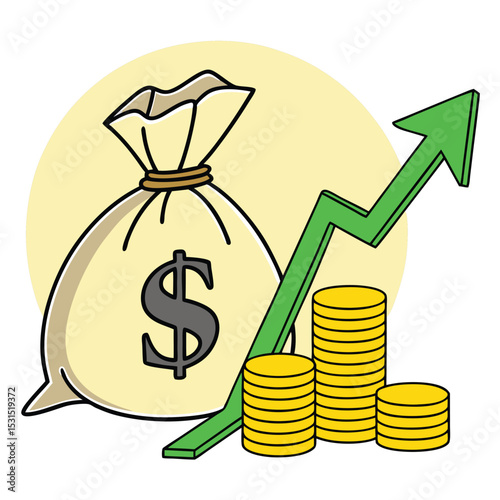 A money sack, rising green arrow, and gold coin stacks depict financial growth