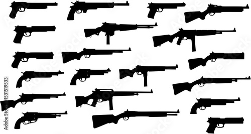 Graphic black detailed silhouette pistols, guns, rifles, submachines, revolvers and shotguns. Isolated on white background. Vector weapon and firearm icons set.