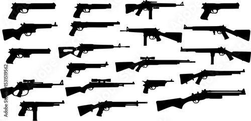 Graphic black detailed silhouette pistols, guns, rifles, submachines, revolvers and shotguns. Isolated on white background. Vector weapon and firearm icons set.