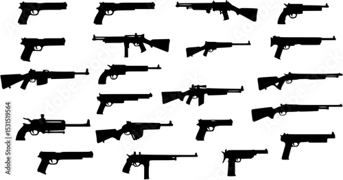 Graphic black detailed silhouette pistols, guns, rifles, submachines, revolvers and shotguns. Isolated on white background. Vector weapon and firearm icons set.