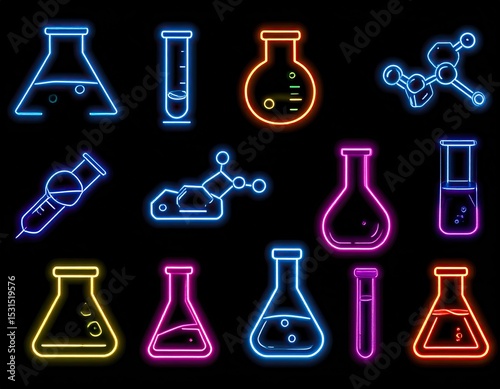 Neon Science Lab Equipment Icons.