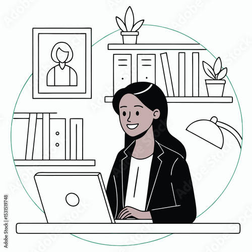 Smiling African American woman is typing on her laptop inside a green circle