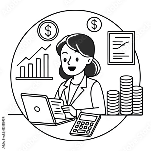 Smiling businesswoman reviews financial documents with laptop and calculator in black and white outline