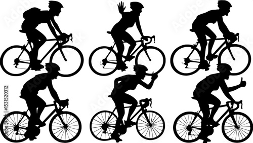 "Top-view cartoon of multicultural cyclists riding bright, stylized bikes. Each character is uniquely posed and outfitted in cycling apparel, emphasizing diversity and leisure on a blank background."