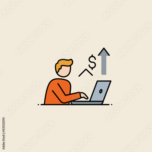 Person working on laptop with increasing dollar sign graphic