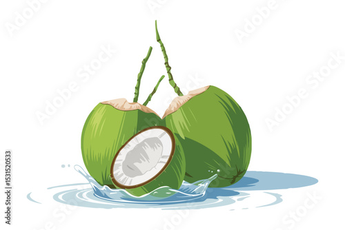 Two fresh green coconuts splashing into water