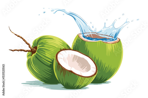 Refreshing green coconuts with splashing water illustration