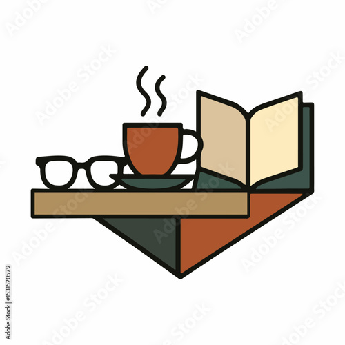 Cozy reading nook illustration with coffee cup book and glasses