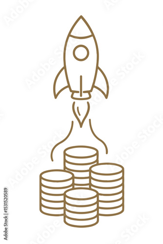 Rocket launching from stacks of coins startup success financial growth