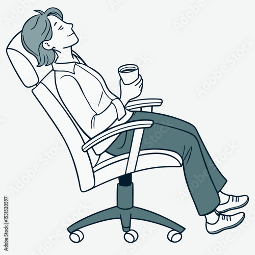 Relaxed woman sitting in office chair enjoying coffee break
