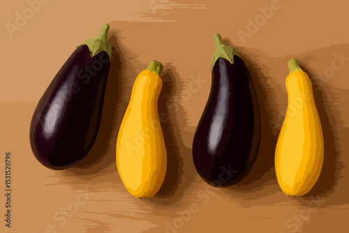Purple eggplants and yellow squash placed on a neutral wood grain background