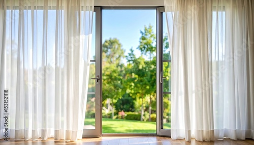 Open door with garden view, and sunlight.