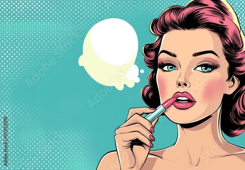 A woman with open eyes is depicted in a pop art vintage comic style, lost in a dream, as a modern female portrait with a speech bubble