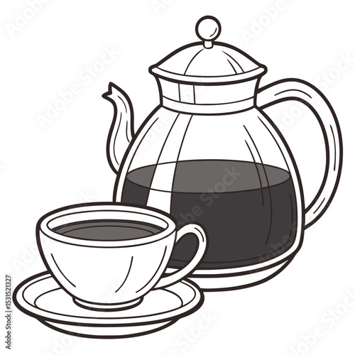 A glass teapot and a cup with saucer are filled with dark liquid