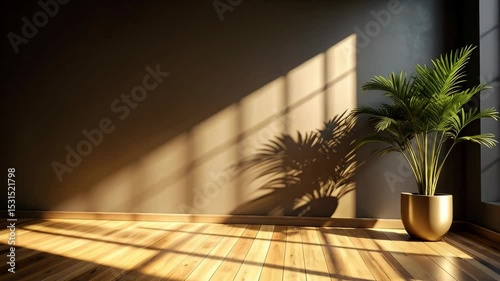 Interior space featuring plant near large window, sunlight casting shadows on wall and wooden floor