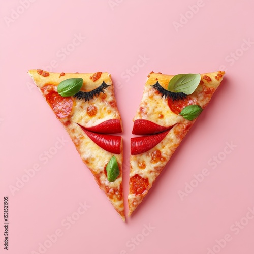 Emotions of happiness are depicted in a face formed by pizza slices on a pink background, incorporating negative space for text insertion, exemplifying modern design and contemporary art through a