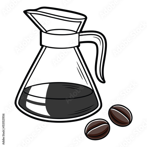 Cartoon coffee carafe partially filled with dark brew sitting near two brown coffee beans