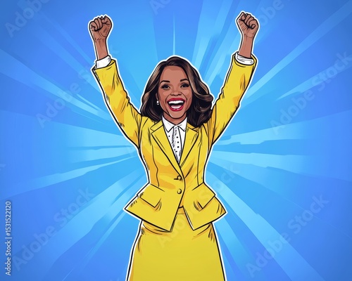 A retro-style pop art depiction of a successful female businesswoman with her hand up, reminiscent of a comic