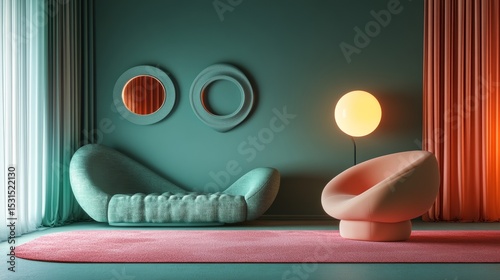 A modern living room featuring turquoise hues, pastel shades, a sofa, armchair, carpet, coffee tables, frosted glass panels, and copper pendant lamps creates a distinct interior design atmosphere and