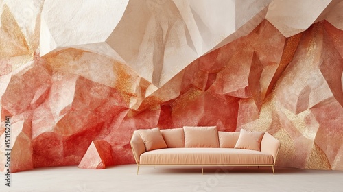 The contemporary living room features a colorful palette of pastel hues, complete with a sofa, armchair, carpet, coffee tables, and frosted glass panels, all illuminated by copper pendant lamps