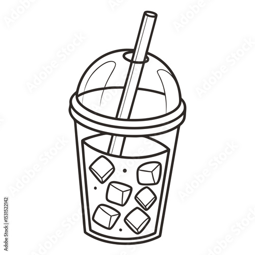 Simple outlined cup shows ice cubes and a straw on transparent background