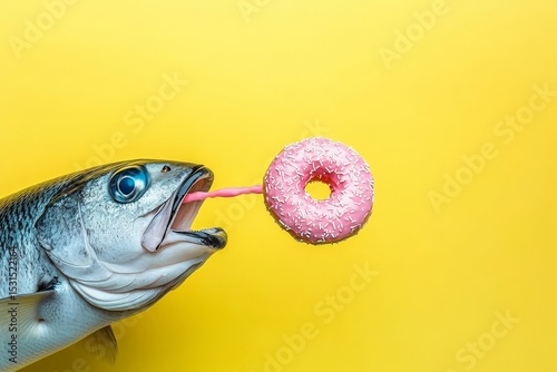 A modern art collage featuring concept fish and donuts set against a colored background