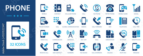 Phone flat icons collection. Calling, call, mobile, telephone, chat, communication, contact, voice, message sign set.