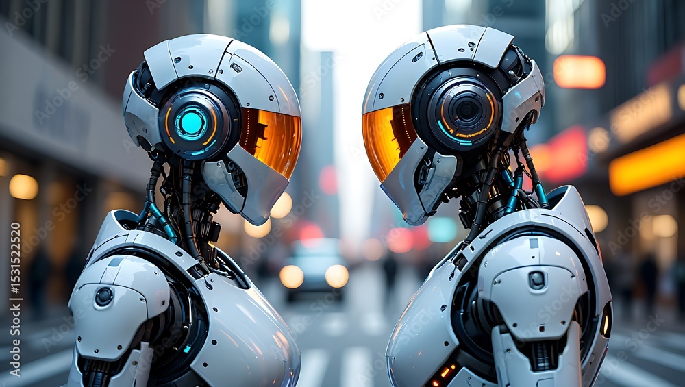 Fototapeta premium Futuristic Cityscape Two Advanced Robots Face-to-Face