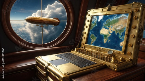 Steampunk Antique airship navigation console repurposed as a laptop, brass rivets, wind-up key on the side, celestial map animations on the screen, storm clouds outside the window.