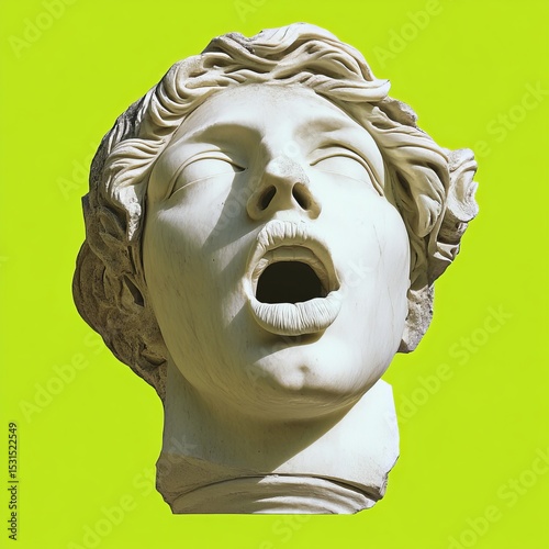 A modern art collage featuring a plaster head model, statue, and female portrait set against a green backdrop, with ample negative space for adding text, showcases a contemporary, colorful, and