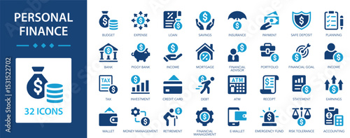 Personal finance flat icons collection. Expense, budget, bank, loan, payment, portfolio, income, tax, credit card, wallet sign set.