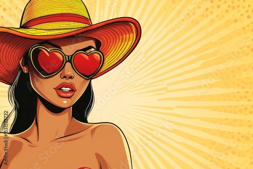 A woman is depicted wearing sunglasses, a sun hat, and a speech bubble in a comic style, pop art modern illustration