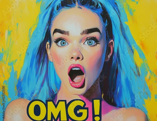 A young woman with a sexy appearance is depicted in a comic style, looking surprised, while an amazed lady exclaims OMG, and a Pop Art girl displays a shocked face