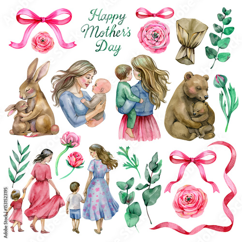 Set of Mothers Day illustrations with mom and baby, spring flowers, animals and modern typography.