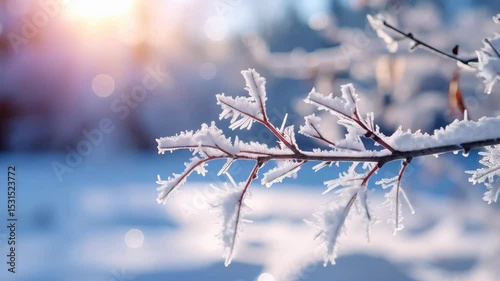 Frozen tree branch covered in ice crystals on a bright winter day with sparkling snow background
