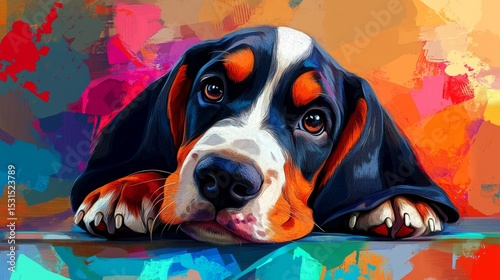 A minimal pop art style painting features an adorable basset hound puppy, created using digital illustration and generative AI