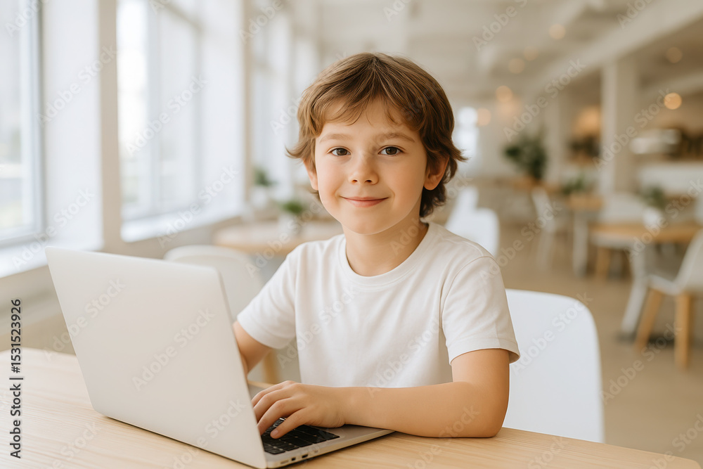 Digital Nomad Kids. Happy child using laptop in bright modern cafe Digital Nomad Kids. Happy child using laptop in bright modern cafe