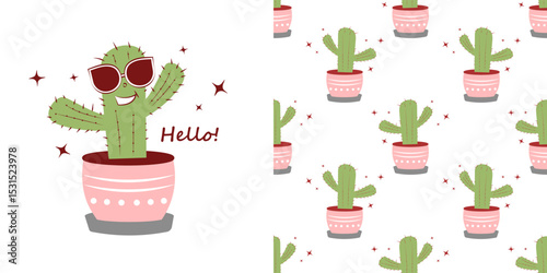 Seamless pattern with cute cacti on a white background