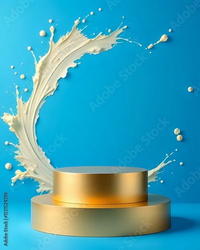 A smooth gold podium centered on a solid electric blue background, accented with a dramatic cream explosion behind best for luxury product showcase 